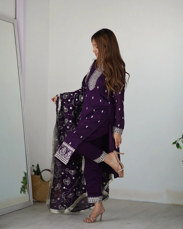 Azorte Fashion Buy Pure Vichitra Silk Kurta Set with Embroidered Dupatta & Trousers | Azorte Fashion - Purple, M (38)