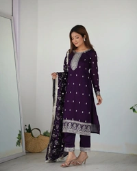 Azorte Fashion Buy Pure Vichitra Silk Kurta Set with Embroidered Dupatta & Trousers | Azorte Fashion - Purple, M (38)