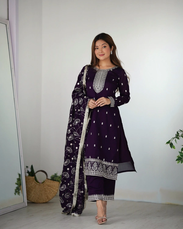 Azorte Fashion Buy Pure Vichitra Silk Kurta Set with Embroidered Dupatta & Trousers | Azorte Fashion - Purple, M (38)
