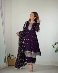 Azorte Fashion Buy Pure Vichitra Silk Kurta Set with Embroidered Dupatta & Trousers | Azorte Fashion - Purple, M (38)