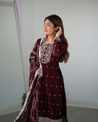 Azorte Fashion Buy Blooming Rangoli Silk Embroidered Kurta Set – Dupatta & Trousers | Azorte Fashion - Maroon, S (36)