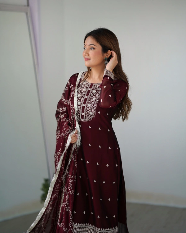 Azorte Fashion Buy Blooming Rangoli Silk Embroidered Kurta Set – Dupatta & Trousers | Azorte Fashion - Maroon, S (36)
