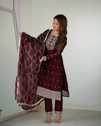 Azorte Fashion Buy Blooming Rangoli Silk Embroidered Kurta Set – Dupatta & Trousers | Azorte Fashion - Maroon, S (36)