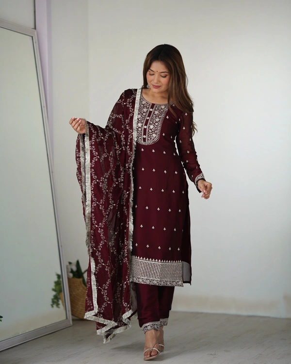 Azorte Fashion Buy Blooming Rangoli Silk Embroidered Kurta Set – Dupatta & Trousers | Azorte Fashion - Maroon, S (36)