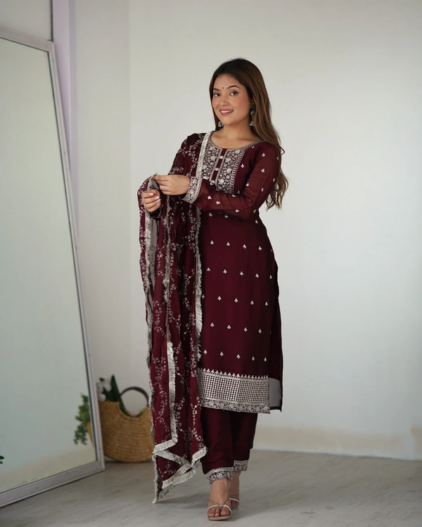 Azorte Fashion Buy Blooming Rangoli Silk Embroidered Kurta Set – Dupatta & Trousers | Azorte Fashion - Maroon, S (36)