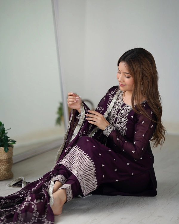 Azorte Fashion Buy Blooming Rangoli Silk Embroidered Kurta Set – Dupatta & Trousers | Azorte Fashion - Wine, XXL (44)