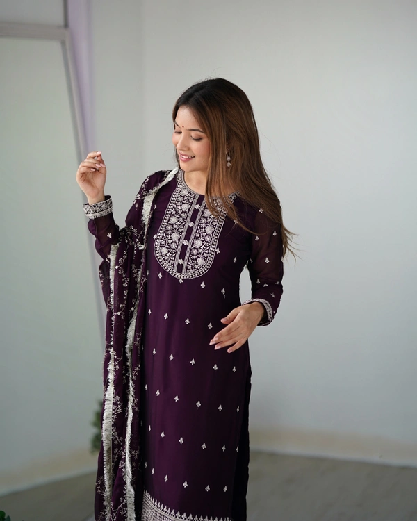 Azorte Fashion Buy Blooming Rangoli Silk Embroidered Kurta Set – Dupatta & Trousers | Azorte Fashion - Wine, XXL (44)