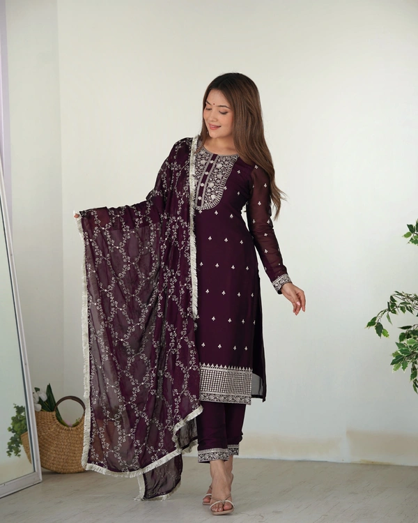 Azorte Fashion Buy Blooming Rangoli Silk Embroidered Kurta Set – Dupatta & Trousers | Azorte Fashion - Wine, XXL (44)