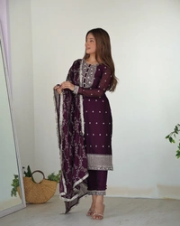 Azorte Fashion Buy Blooming Rangoli Silk Embroidered Kurta Set – Dupatta & Trousers | Azorte Fashion - Wine, XXL (44)