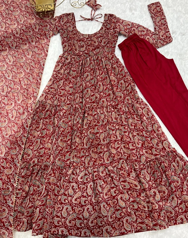 Azorte Fashion Buy Premium Kalamkari Anarkali Set – Fox Georgette with Dupatta & Pants - XS (34)