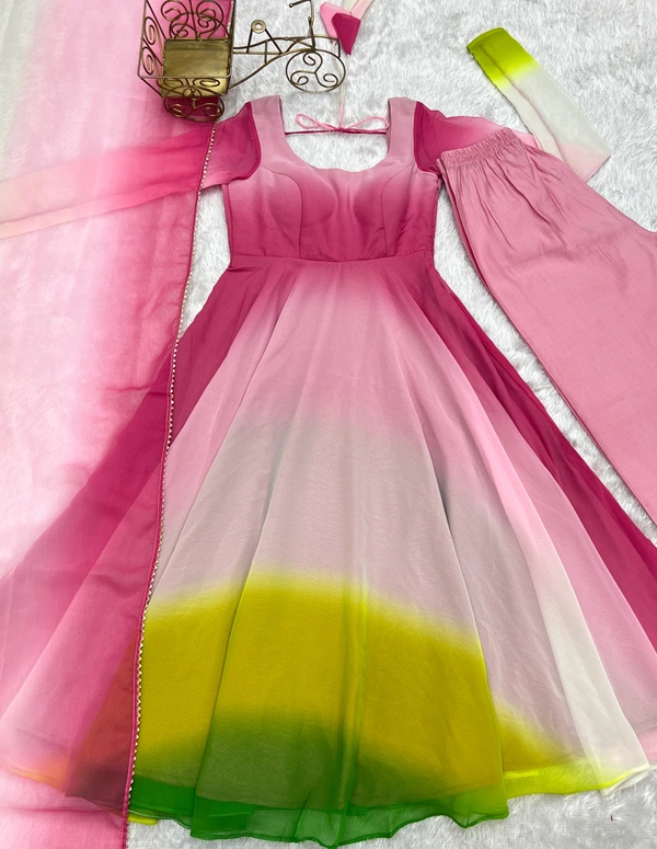 Azorte Fashion Trendy Soft Fox Georgette Padded Anarkali Set – 6.5m Flair, Dupatta & Pants - Multi Color, XS (34)