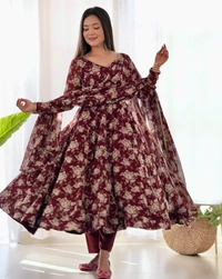 Azorte Fashion Buy Pure Fox Georgette Multi-Floral Anarkali Set with Dupatta – 4m Flair | Azorte Fashion - Chocolate, L (40)