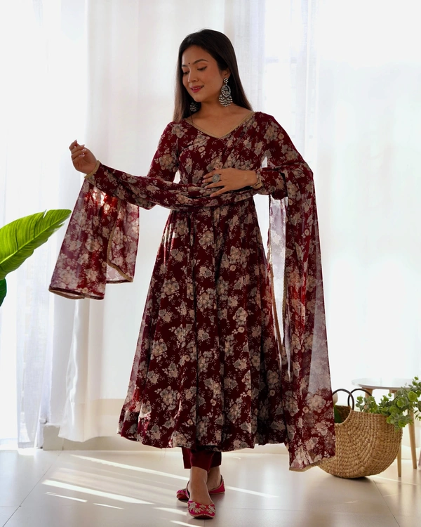 Azorte Fashion Buy Pure Fox Georgette Multi-Floral Anarkali Set with Dupatta – 4m Flair | Azorte Fashion - Chocolate, L (40)