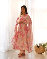 Azorte Fashion Buy Pure Fox Georgette Multi-Floral Anarkali Set – 4m Flair & Dupatta | Azorte Fashion - L (40)