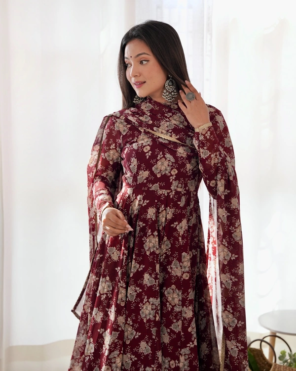 Azorte Fashion Buy Pure Fox Georgette Multi-Floral Anarkali Set with Dupatta – 4m Flair | Azorte Fashion - Chocolate, L (40)