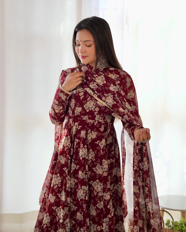Azorte Fashion Buy Pure Fox Georgette Multi-Floral Anarkali Set with Dupatta – 4m Flair | Azorte Fashion - Chocolate, L (40)