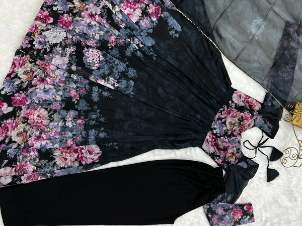 Azorte Fashion Elegant Organza Silk Kali-Cut Anarkali Set with Dupatta & Pant – Festive & Wedding Wear - Black, XL (42)
