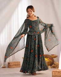 Azorte Fashion Designer Chiffon Bandhej Anarkali Set – 8m Flair, Lace Yoke & Churidar Sleeves - Green, M (38)