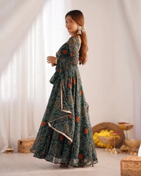Azorte Fashion Designer Chiffon Bandhej Anarkali Set – 8m Flair, Lace Yoke & Churidar Sleeves - Green, M (38)