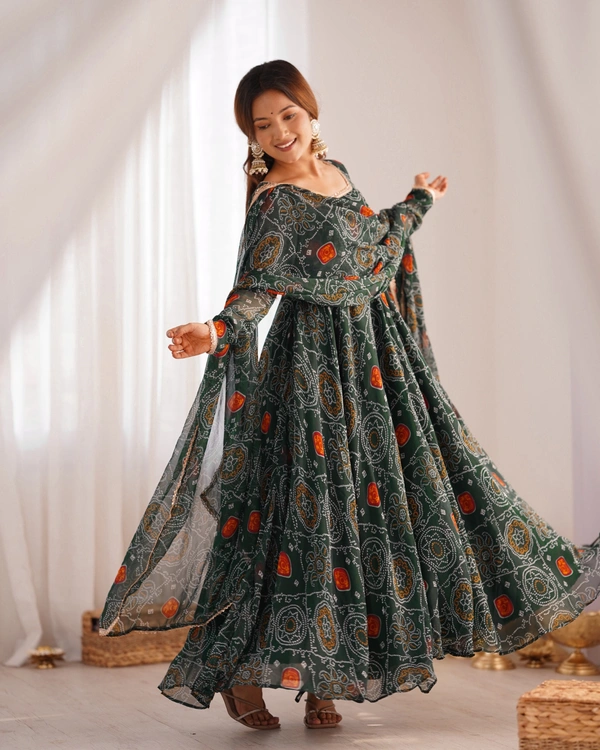 Azorte Fashion Designer Chiffon Bandhej Anarkali Set – 8m Flair, Lace Yoke & Churidar Sleeves - Green, M (38)
