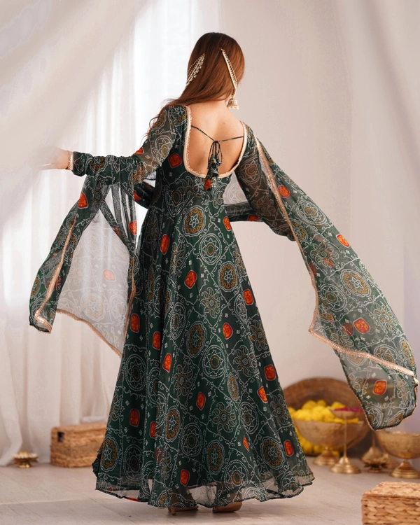 Azorte Fashion Designer Chiffon Bandhej Anarkali Set – 8m Flair, Lace Yoke & Churidar Sleeves - Green, M (38)