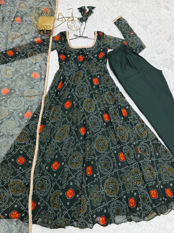 Azorte Fashion Designer Chiffon Bandhej Anarkali Set – 8m Flair, Lace Yoke & Churidar Sleeves - Green, M (38)