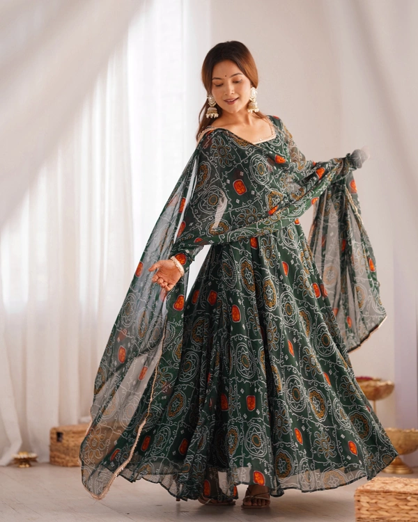 Azorte Fashion Designer Chiffon Bandhej Anarkali Set – 8m Flair, Lace Yoke & Churidar Sleeves - Green, M (38)