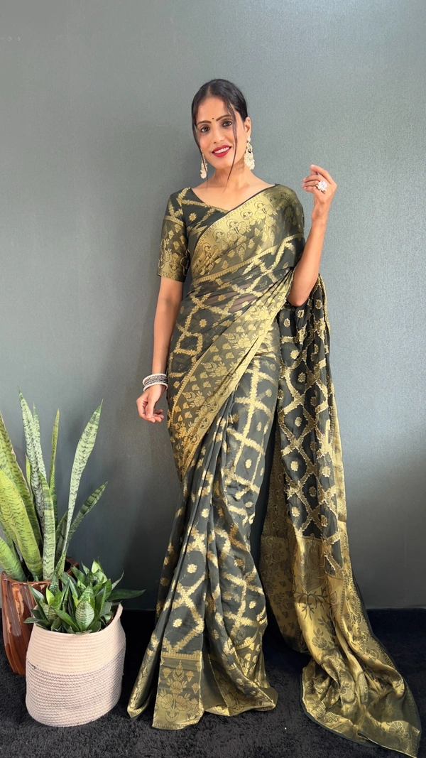 Azorte Fashion Pure Viscose Georgette Ready-to-Wear Saree – Self Weaving & Handwork Pallu
