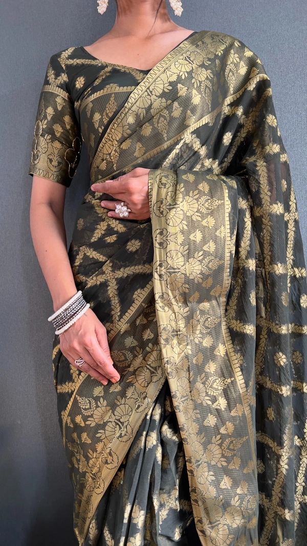Azorte Fashion Pure Viscose Georgette Ready-to-Wear Saree – Self Weaving & Handwork Pallu