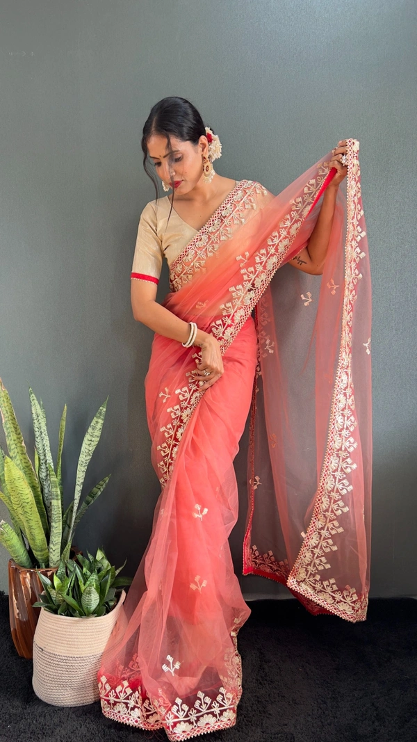 Azorte Fashion Premium Butterfly Net Ready-to-Wear Saree – Hand Gota Work & Matti Silk Blouse