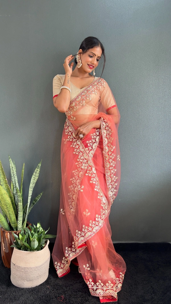 Azorte Fashion Premium Butterfly Net Ready-to-Wear Saree – Hand Gota Work & Matti Silk Blouse
