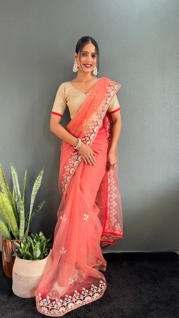 Azorte Fashion Premium Butterfly Net Ready-to-Wear Saree – Hand Gota Work & Matti Silk Blouse