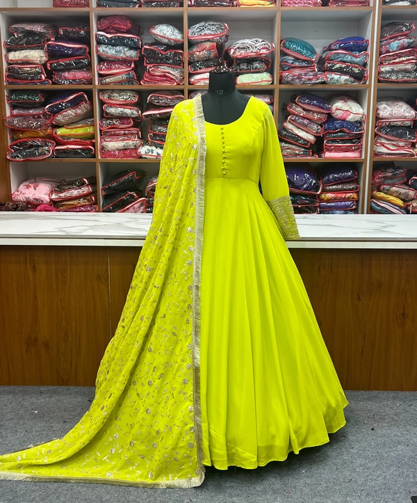 Azorte Fashion Buy Pure Fox Georgette Anarkali Gown – 7m Flair & Embroidered Dupatta | Azorte Fashion - XS (34)