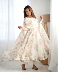 Azorte Fashion Buy Pure Organza Silk Kali-Cut Anarkali Set with Dupatta & Pant | Azorte Fashion - White, S (36)