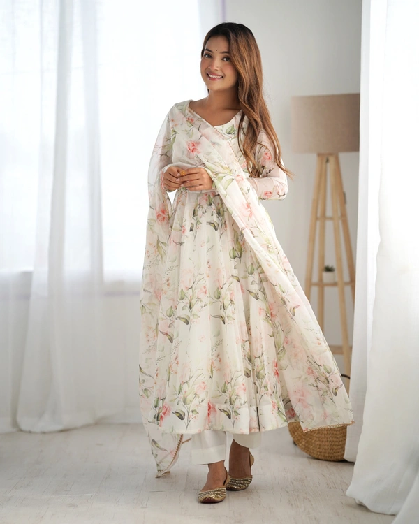 Azorte Fashion Buy Pure Organza Silk Kali-Cut Anarkali Set with Dupatta & Pant | Azorte Fashion - White, S (36)