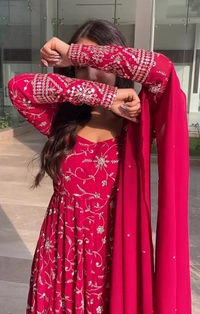 Azorte Fashion Premium Kali-Cut Anarkali Suit | 9mm Sequins & Thread Work | Dark Pink - Dark Pink, M