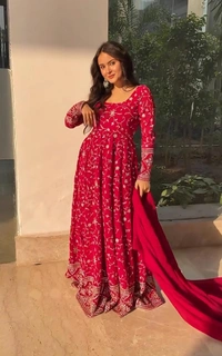 Azorte Fashion Premium Kali-Cut Anarkali Suit | 9mm Sequins & Thread Work | Dark Pink - Dark Pink, M