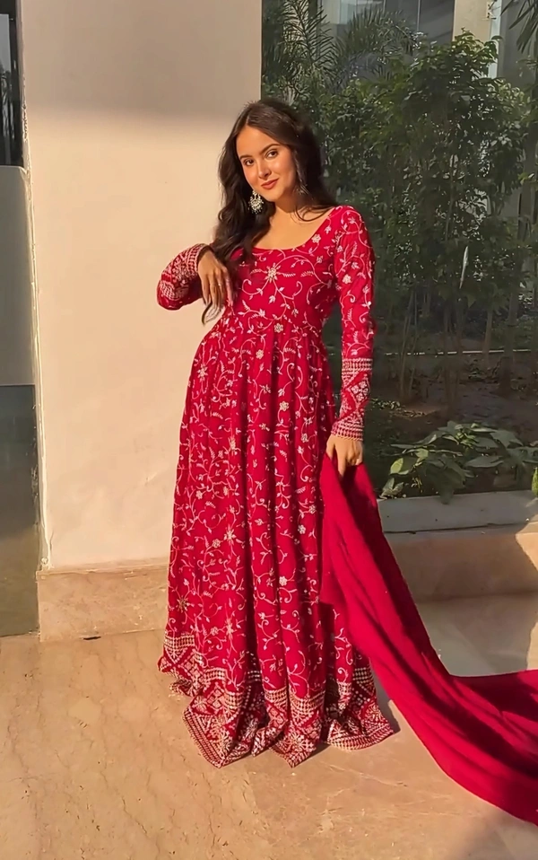 Azorte Fashion Premium Kali-Cut Anarkali Suit | 9mm Sequins & Thread Work | Dark Pink - Dark Pink, M