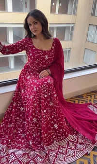 Azorte Fashion Premium Kali-Cut Anarkali Suit | 9mm Sequins & Thread Work | Dark Pink - Dark Pink, M