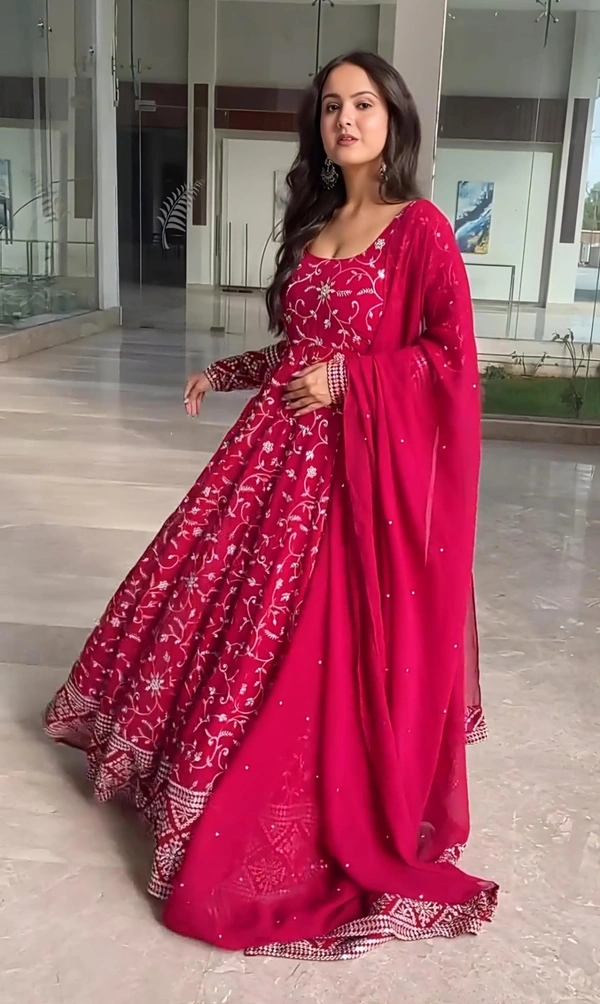 Azorte Fashion Premium Kali-Cut Anarkali Suit | 9mm Sequins & Thread Work | Dark Pink - Dark Pink, M