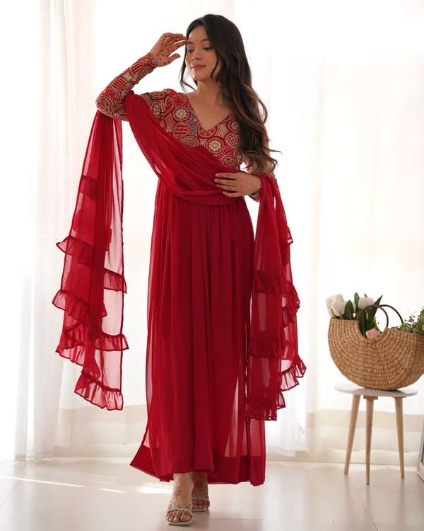 Azorte Fashion Naira Cut Embroidered Kurta Set – Fox Georgette, Frill Dupatta & Pant – Ready to Wear - XS (34)
