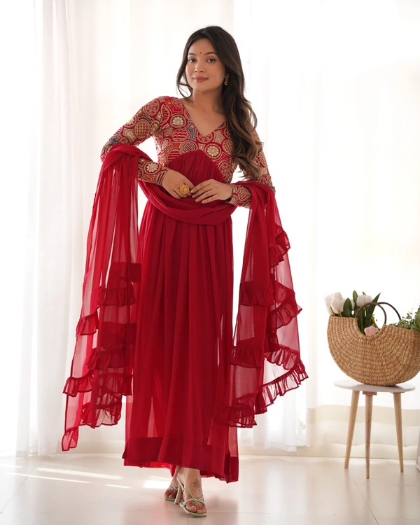Azorte Fashion Naira Cut Embroidered Kurta Set – Fox Georgette, Frill Dupatta & Pant – Ready to Wear - XS (34)