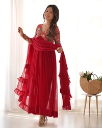 Azorte Fashion Naira Cut Embroidered Kurta Set – Fox Georgette, Frill Dupatta & Pant – Ready to Wear - XS (34)