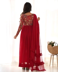 Azorte Fashion Naira Cut Embroidered Kurta Set – Fox Georgette, Frill Dupatta & Pant – Ready to Wear - XS (34)
