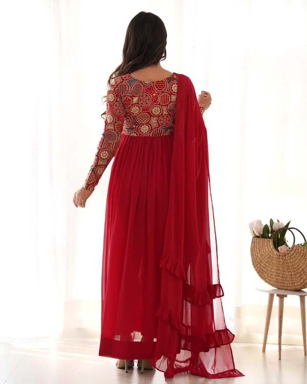 Azorte Fashion Naira Cut Embroidered Kurta Set – Fox Georgette, Frill Dupatta & Pant – Ready to Wear - XS (34)