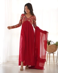 Azorte Fashion Naira Cut Embroidered Kurta Set – Fox Georgette, Frill Dupatta & Pant – Ready to Wear - XS (34)