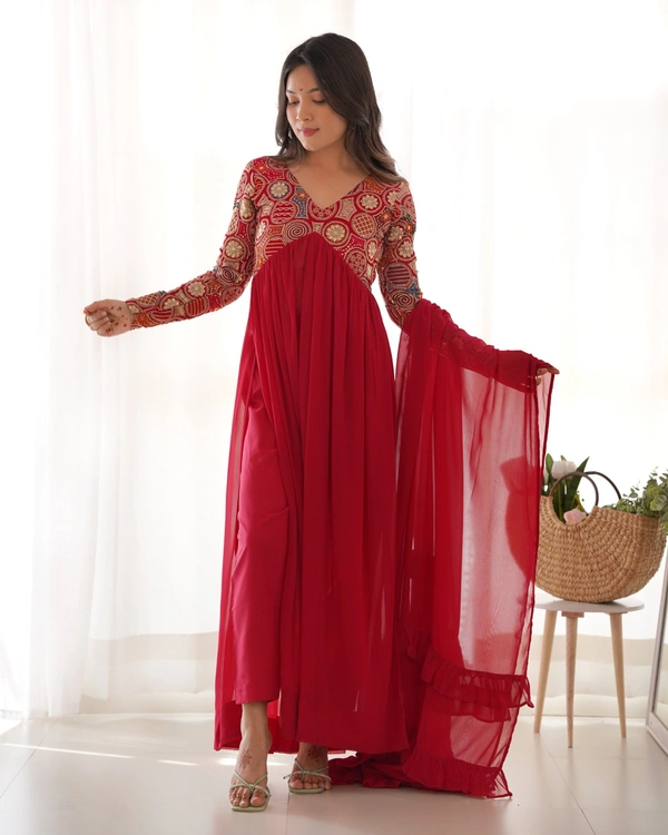 Azorte Fashion Naira Cut Embroidered Kurta Set – Fox Georgette, Frill Dupatta & Pant – Ready to Wear - XS (34)