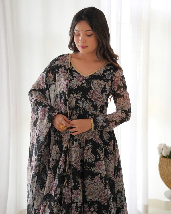 Azorte Fashion Buy Pure Fox Georgette Multi-Floral Anarkali Set with Dupatta – 4m Flair | Azorte Fashion - Black, XXL (44)