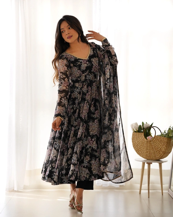 Azorte Fashion Buy Pure Fox Georgette Multi-Floral Anarkali Set with Dupatta – 4m Flair | Azorte Fashion - Black, XXL (44)