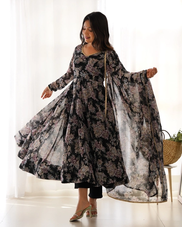 Azorte Fashion Buy Pure Fox Georgette Multi-Floral Anarkali Set with Dupatta – 4m Flair | Azorte Fashion - Black, XXL (44)